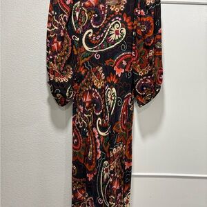Paisley Print Long Sleeve Maxi Dress in Black and Multicolor